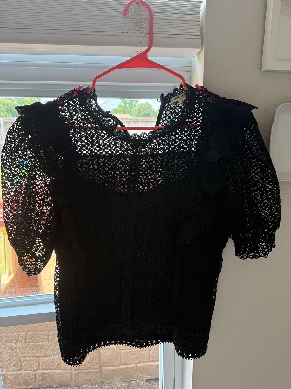 Ultra Pink Black Crochet Ruffle Sleeve Top